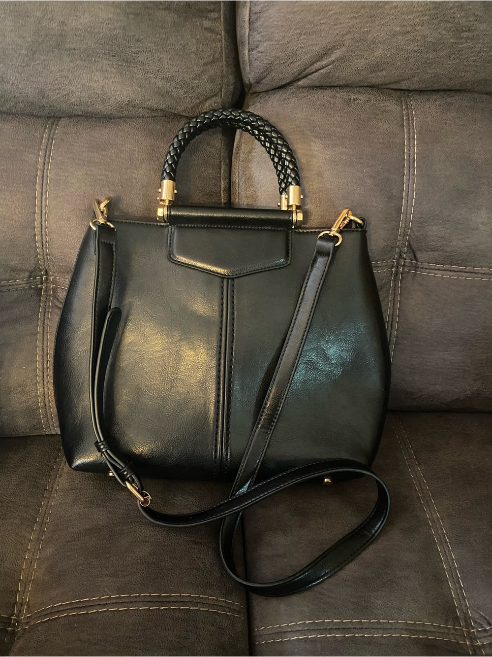 Miztique Black Satchel with Braided Top Handle and Gold Accents